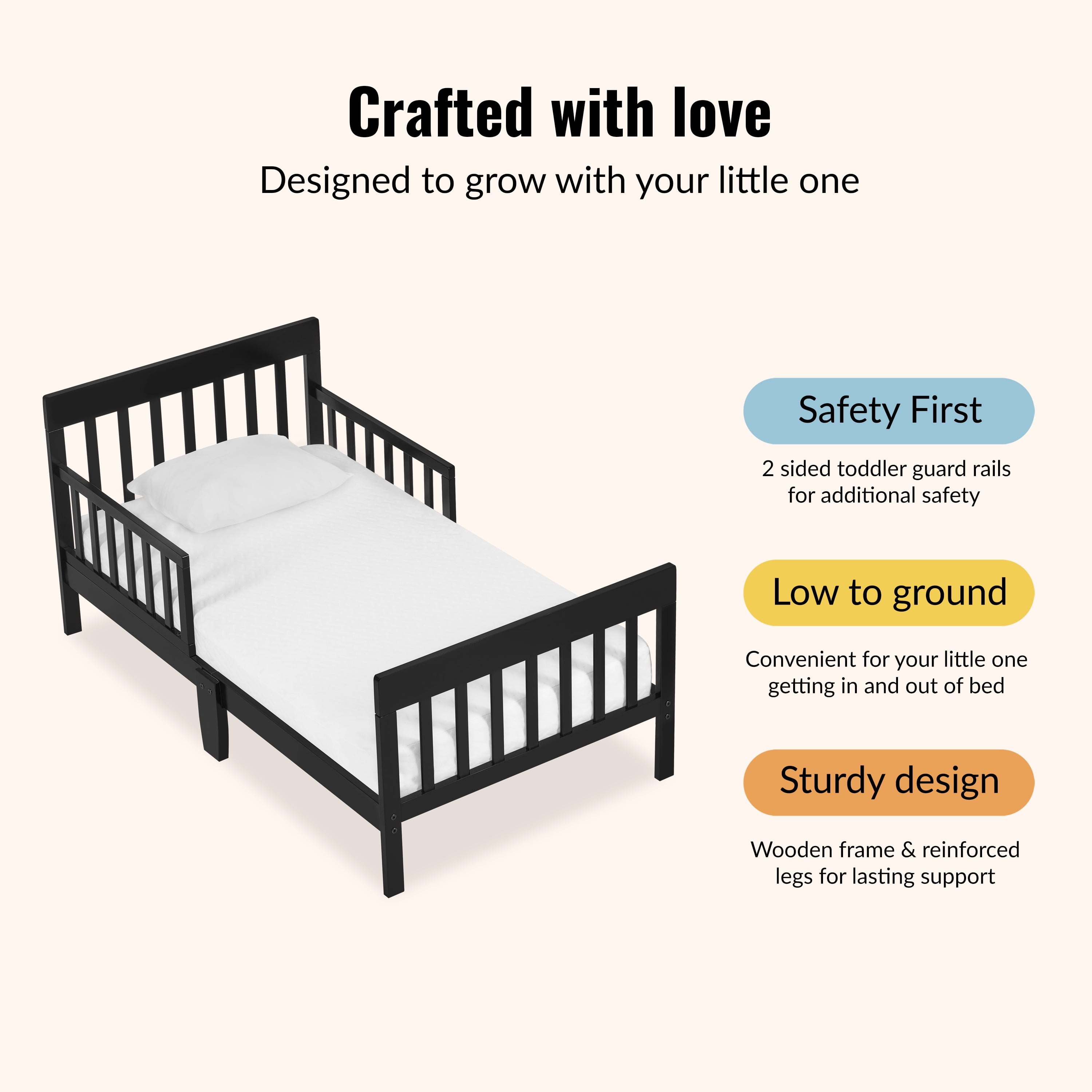 Dream On Me Finn Toddler Bed, Black, Pinewood, Certified Safe