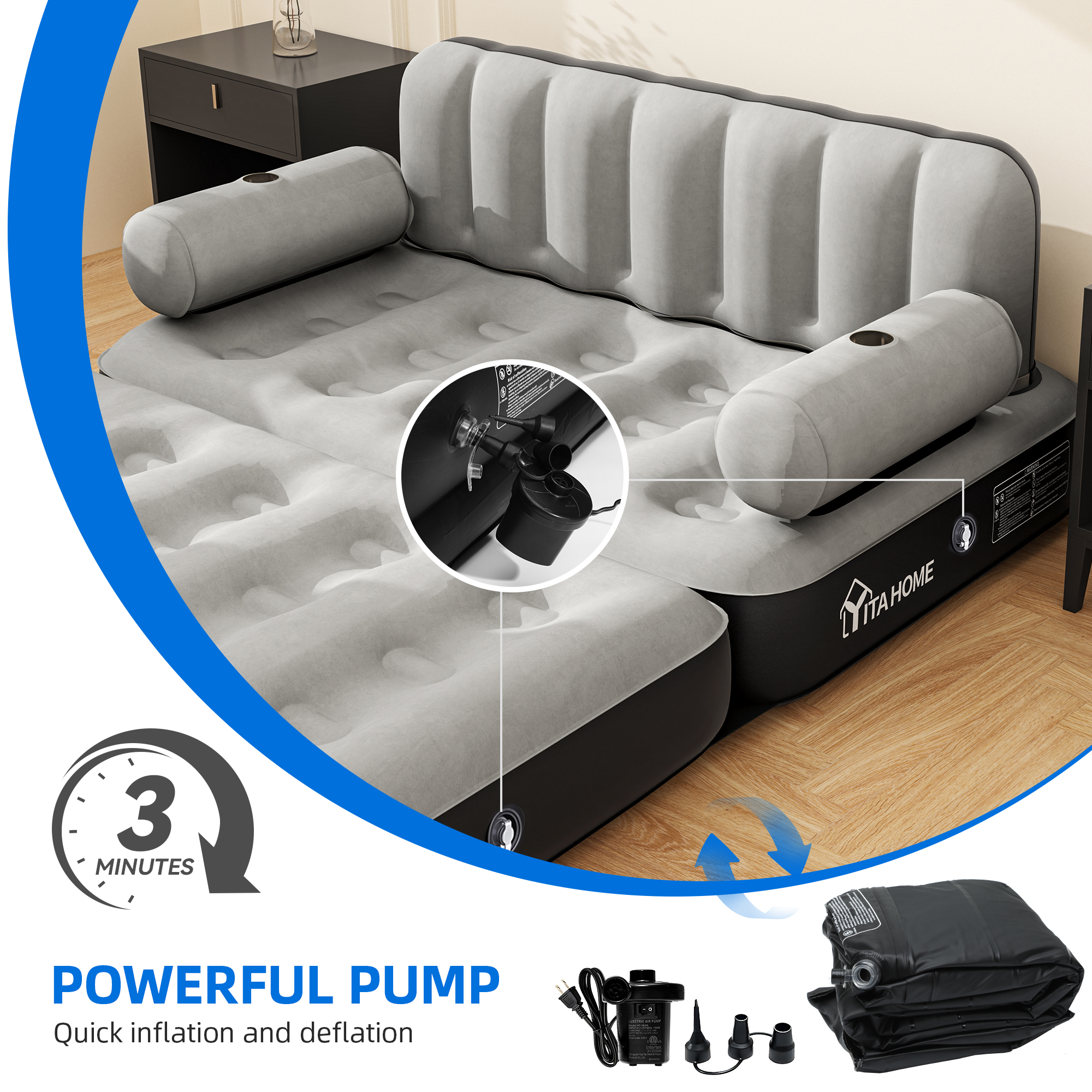 Dextrus Queen Size Air Mattress with Built-in Air Pump, Black Bed Skirt & Gray Top Includes Repair Kit & Storage Bag, Supports Inflation/Deflation
