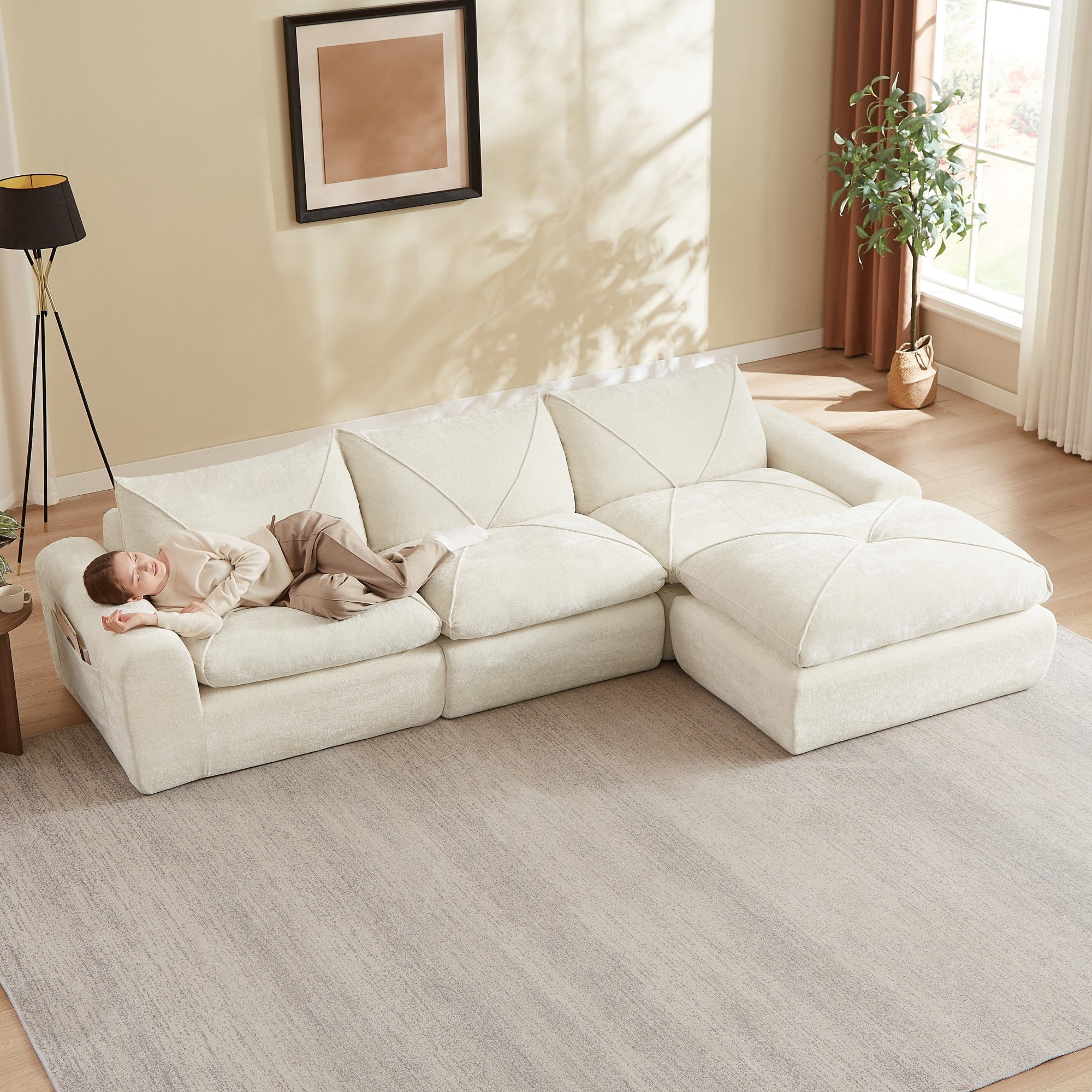 Sailvan Modern Chenille Modular Sectional Sofa with Ottoman,Comfortable Minimalist Living Room Couch for Families and Apartments Beige