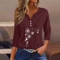 thumbnail image 2 of WTOBBY Women's Fashion Basic V-Neck T-Shirt with Printed Pattern, 3/4 Sleeve, and Button Detail, Ideal for Weekend Wear, Spring Fall Season, Casual Occasions, and Everyday Comfort,Wine L, 2 of 6