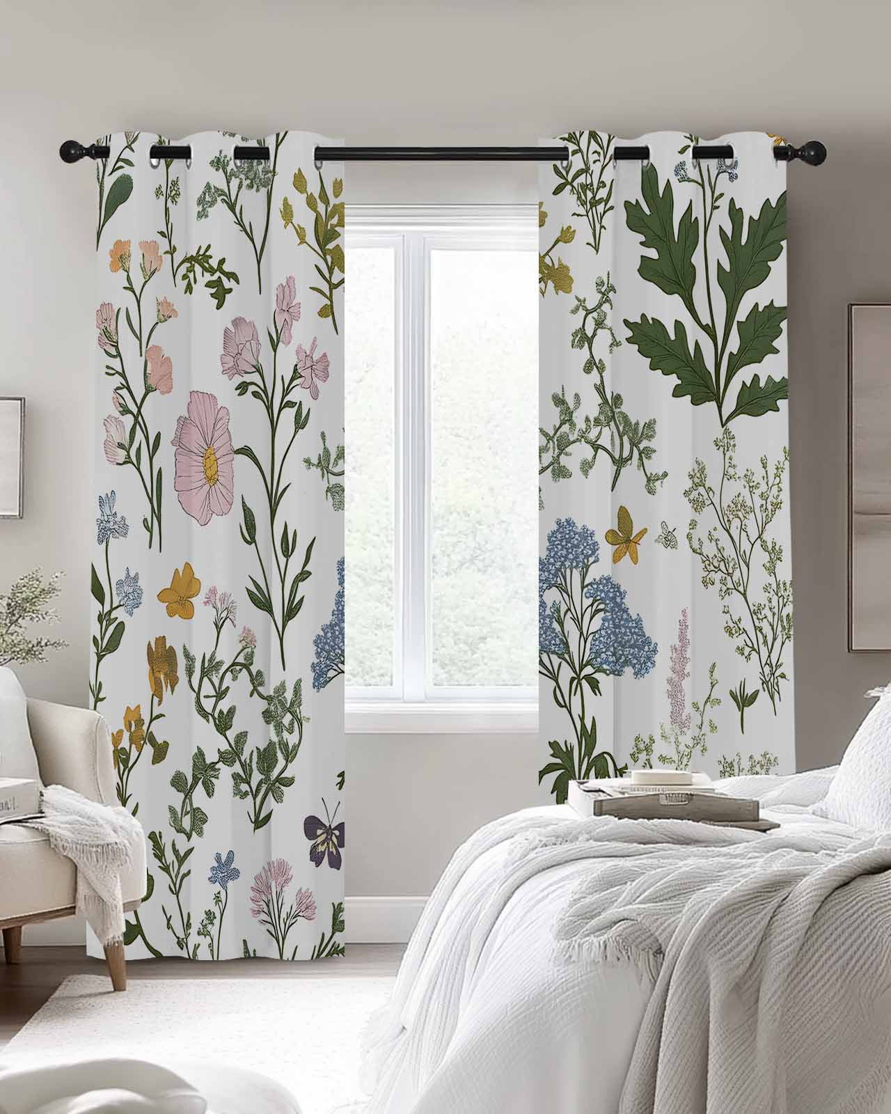 Colored Plant Blackout Curtains for Bedroom Living Room, Flowers Leaf Butterfly 39 In Long Thermal Insulated Room Darkening Drapes Grommet Window Treatments, 27.5 x 39 In
