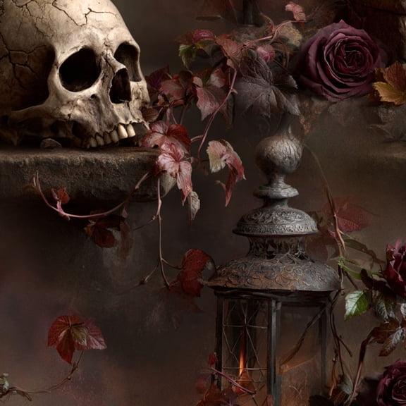 Gothic Peel and Stick Wallpaper Antique Skull Surrounded by Vines Autumn Leaves Soft Lantern Light Wall Mural 23.6in x 9.8ft Self Adhesive Removable Wall Paper Renter Friendly for Dorm Bedroom