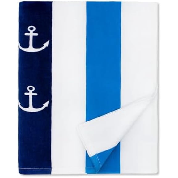 Large Beach Towel Oversized - Cotton Velour 35 x 70 Inch Anchor Striped Terry Pool Towel, Cabana Soft Swimming Towel for Adults Women Men (Navy Blue)