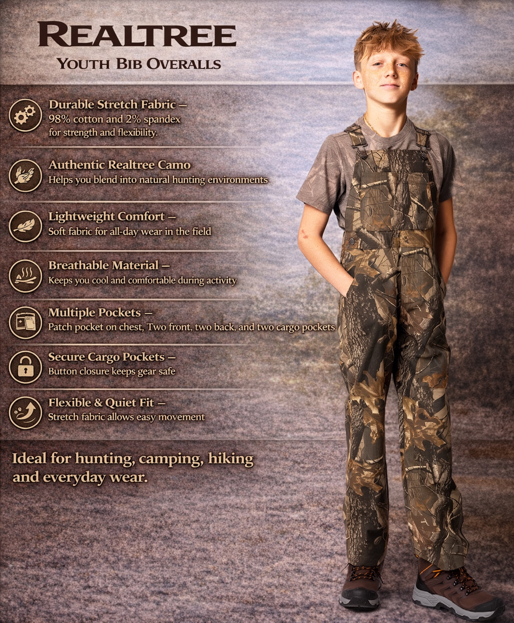 Realtree Youth Hunting Bib Overalls Hardwoods Camo