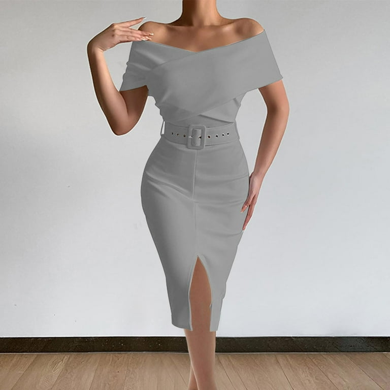 Efsteb Women Off Shoulder Elegant Midi Pencil Dress Bodycon High