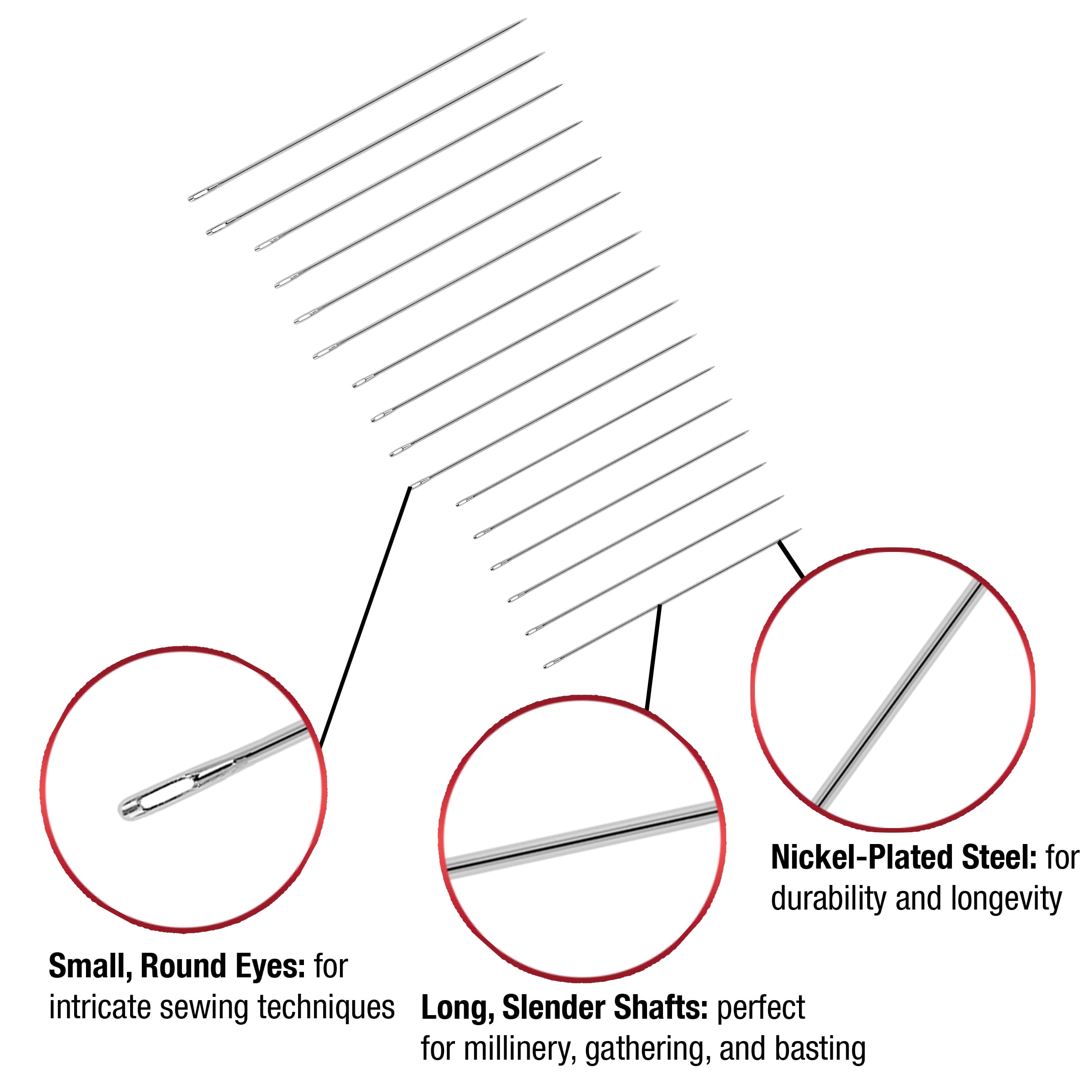 (3 pack) SINGER Milliner Steel Hand-Sewing Needles, Sizes 3/9, 16 Pieces