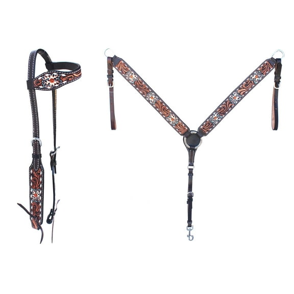 Horse Western Floral Tooled Laced One Ear Tack Set Bridle Headstall Breast Collar 78HR05A
