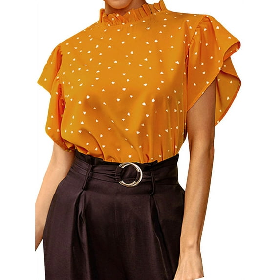 Xuanfei Women Dots Print Mock Neck Ruffle Sleeve Keyhole Blouse