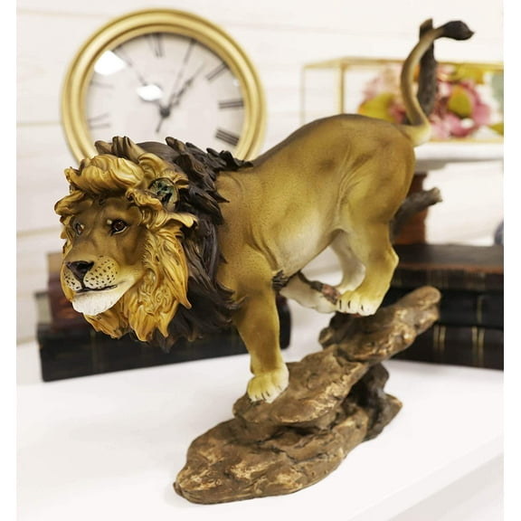 Ebros Lion King of The Jungle Running Down A Sloping Rock Statue 11.25" Long
