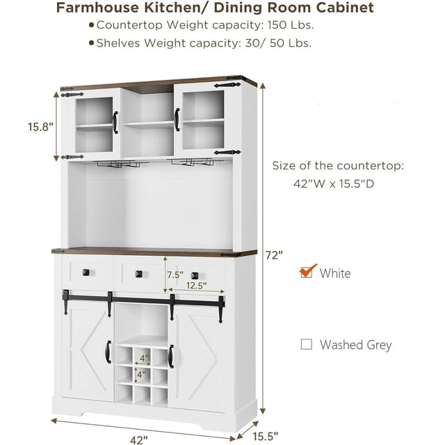 72" Farmhouse Bar Cabinet with Sliding Barn Door, Tall Kitchen Buffet with Storage Hutch and 3 Drawer, Rustic Coffee Wine Bar Sideboard with Wine & Glasses Rack, for Living Room, Washed White