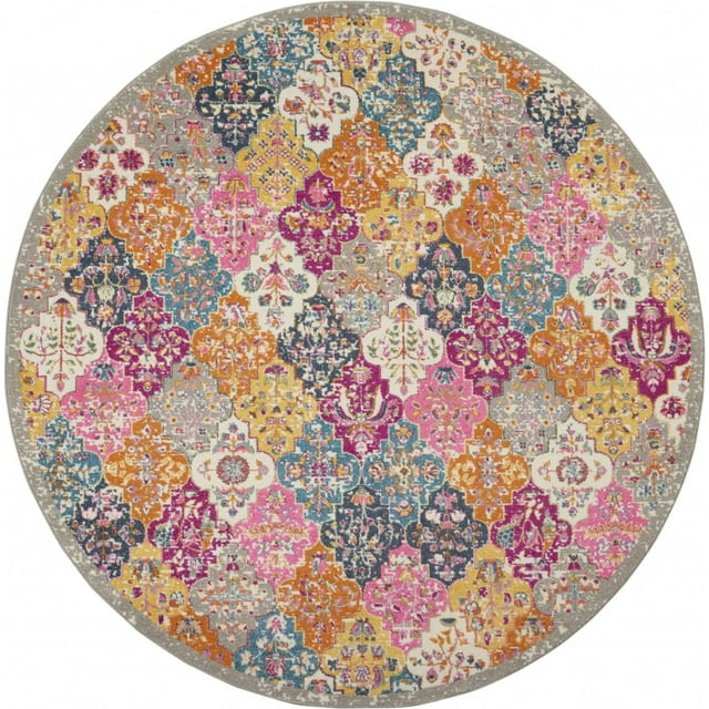 homeroots home decor 385515 8’ Round Muted Brights Floral Diamond Area Rug