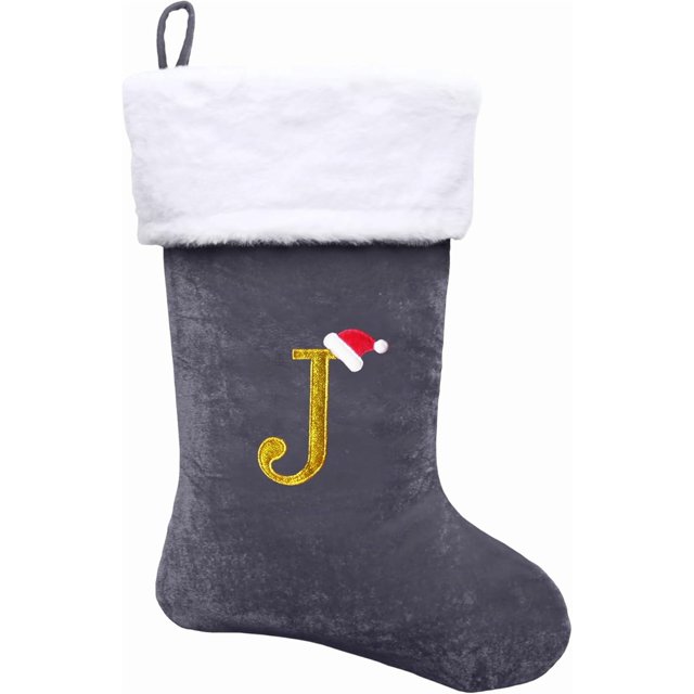 Dbfengbilian 21 Inches Christmas Stockings with Customizable Letters, Large Christmas Stockings with Super Soft Plush Cuff Embroidered Letter - Grey J