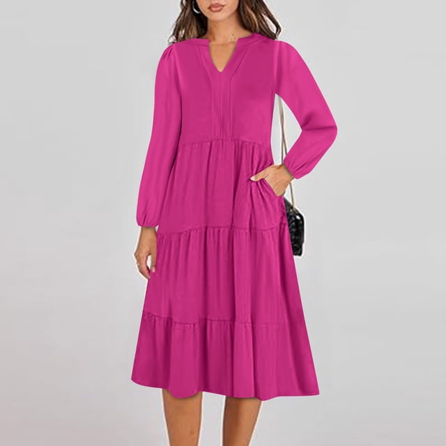 Vente de Liquidation! Robes de Fête pour Femmes, Chemise Longue Décontractée à Col en V Couleur Unie Rouge TG