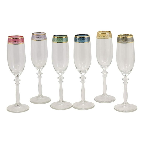 Ebros Set of 6 Colorful Victorian Floral Italian Import Champagne Or  Sparkling Wine Flute Glasses With Gold Plated Border Accent & Stylized Stem  Base 6oz Bartending Glassware 