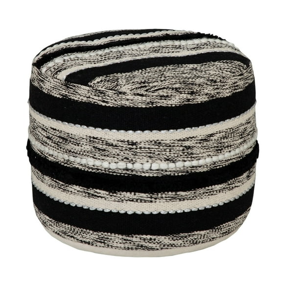 Laddha Home Designs 18" Black and White Geometric Striped Hand Loomed Round Pouf Ottoman