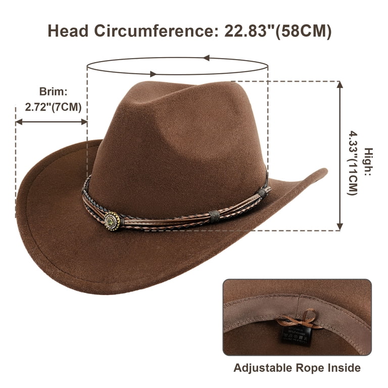 4458 Brown Cowboy Hats For Men & Women With Western Hat Bands, Ideal For Rodeo Wowstyle Brown Cowboy Hat for Adults Unisex Felt Western  main image 4