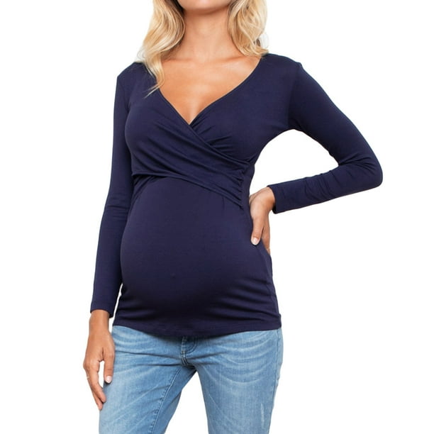 Lolmot Women Pregnant Nusring Maternity V-Neck Long Sleeve Tops Solid  Ruffle Blouse Top