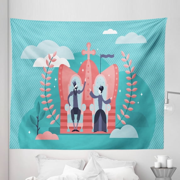 Empress Tapestry, Royal Power Related Cartoon Style Prince and Cartoon Throne Digaonal Striped, Fabric Wall Hanging Decor for Bedroom Living Room Dorm, 5 Sizes, Seafoam Coral, by Ambesonne