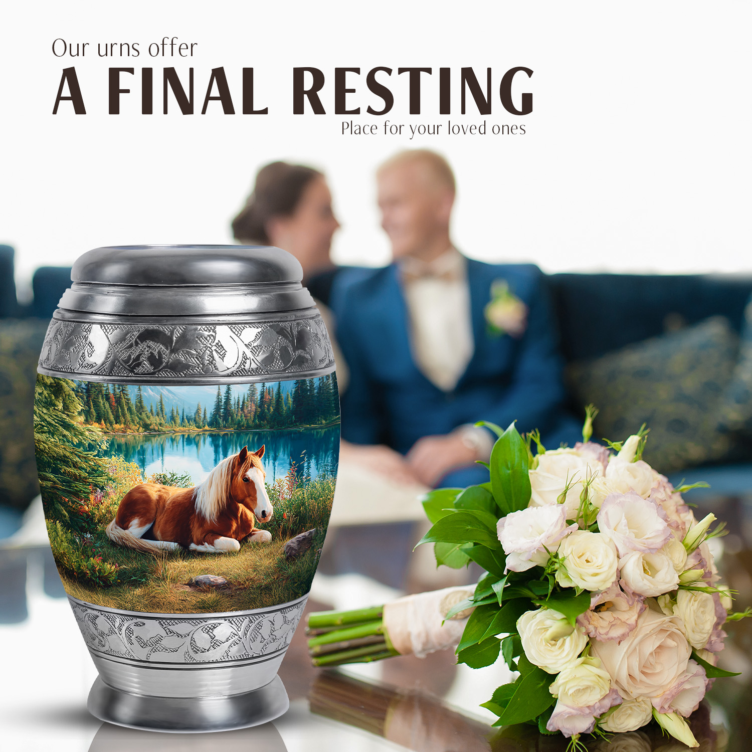 JAGASY Horse Large Cremation Urn for Ashes Adult Male, Blue Urns for Human Ashes Keepsake, Mountain Trees Decorative Urns for Friends, Brown Horse Memorial Urn for Boys & Girls, (10 Inch)
