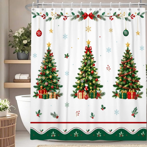 Nanqianyi Christmas Polyester Shower Curtain,Xmas Tree Gift Box Winter Holiday Bathroom Decor,36 x 72 Inch,With Hooks