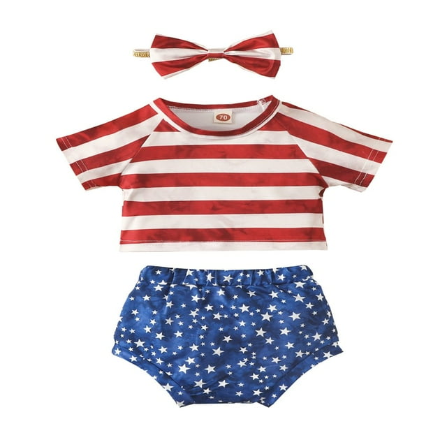 EIMELI Ensemble 3 Pcs pour Fille Enfant, Costume Jour Indépendant Manches Courtes Col Rond Hauts Shorts d'Été Bandeau Tenue d'Été