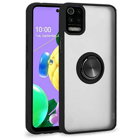 For LG K52 Impact Metal Ring Holder Stand Magnetic Car Mount Protective Hybrid Case Cover Black