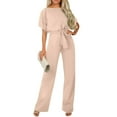 thumbnail image 2 of Huankd Womens Summer Casual Short Sleeve Pants Suit Beach Vacation Romper Belted Dressy Wedding Guest Jumpsuit Jumper Beige L, 2 of 5