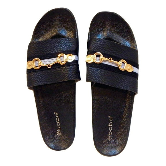 Beaute Fashion Trendy Horse-Bit Buckle Adult Women Sport Slides Flip Flop Slip-on Sandals (Size 10, Black/White)