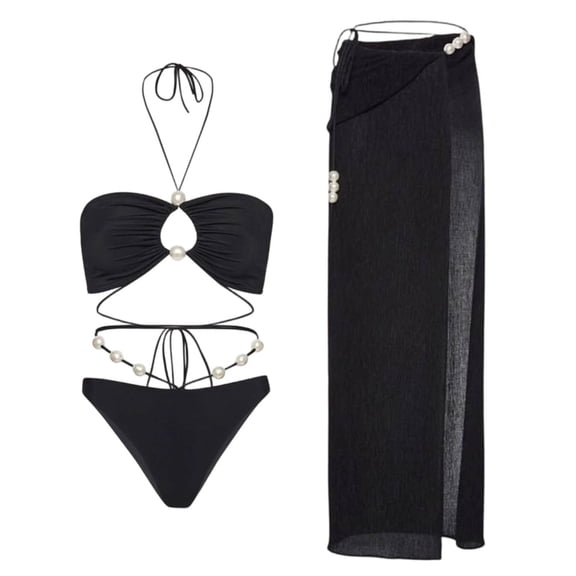 3 Piece Swimsuits for Women Bikini Sets with Long Sarong Cover Up Pearl Beaded Detail Halter Cut Out Bathing Suits Charming Vacation Outfits