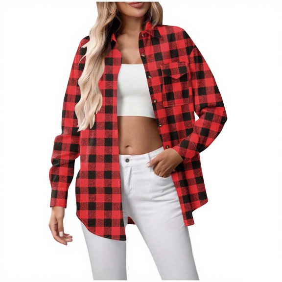 Lenpel Women's Oversized Button down Shirts Long Sleeve Collared Curved Hem Plaid Tunic Tops Loose Casual Blouses with Pocket(Red,X-Large)