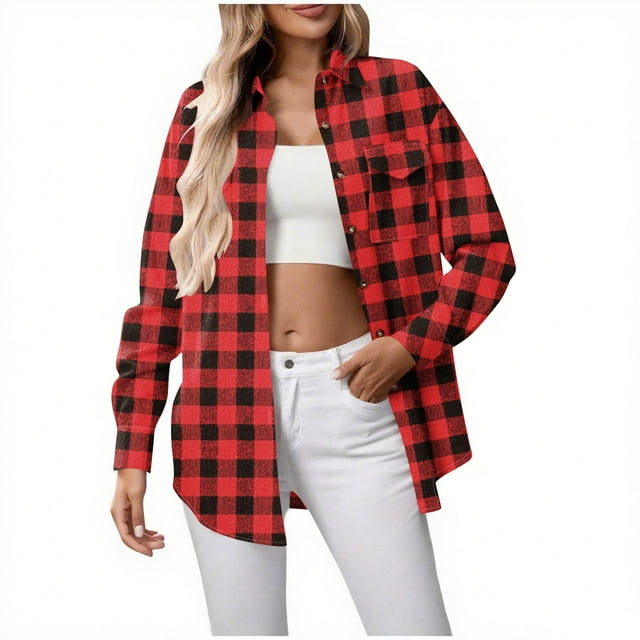 NTACZA Manteaux pour Femmes Rouge Ample Chandail à Enfiler Boutonné Surchemise Douillette à Carreaux Chemises Décontractées Vestes pour Femmes TTG