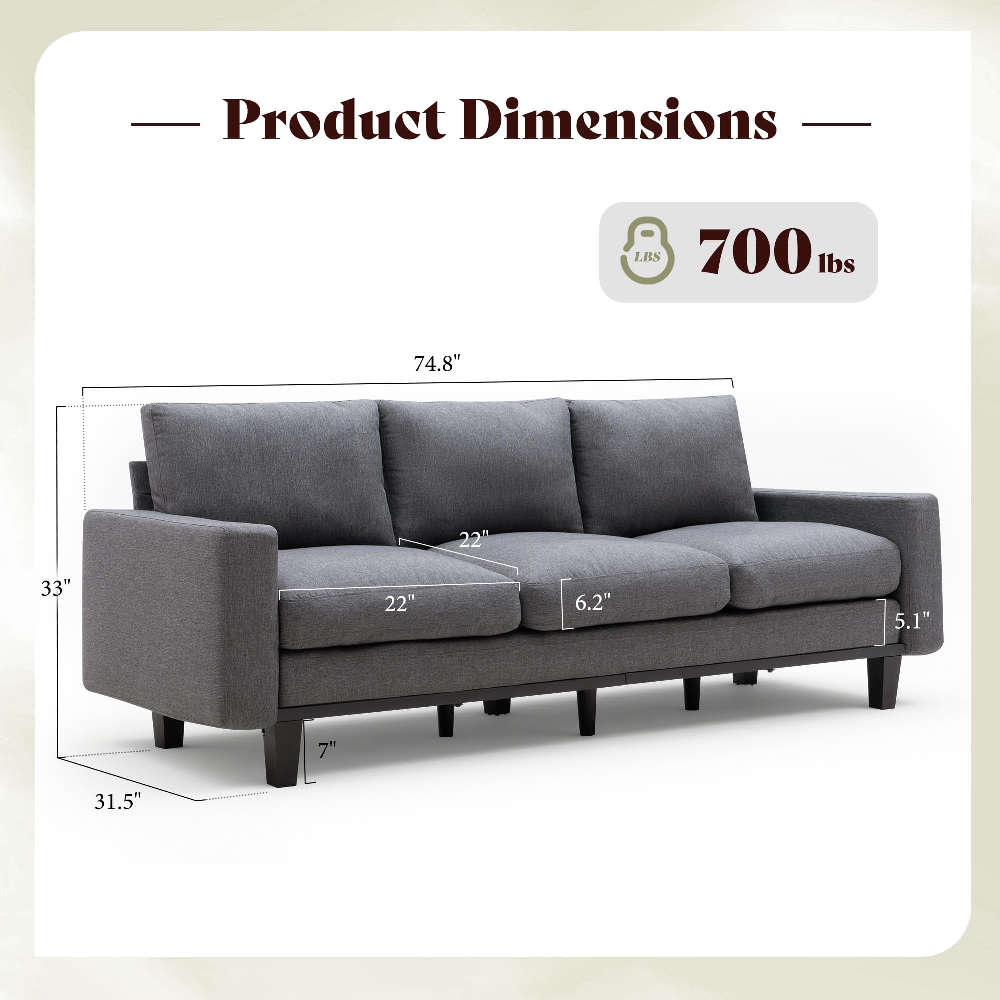 VanAcc 74.8" 3 Seater Sofa with 22" Deep Seat, Grey Couch for Living Room, Full Metal Support, for Bedroom & Apartment, Grey Chenille