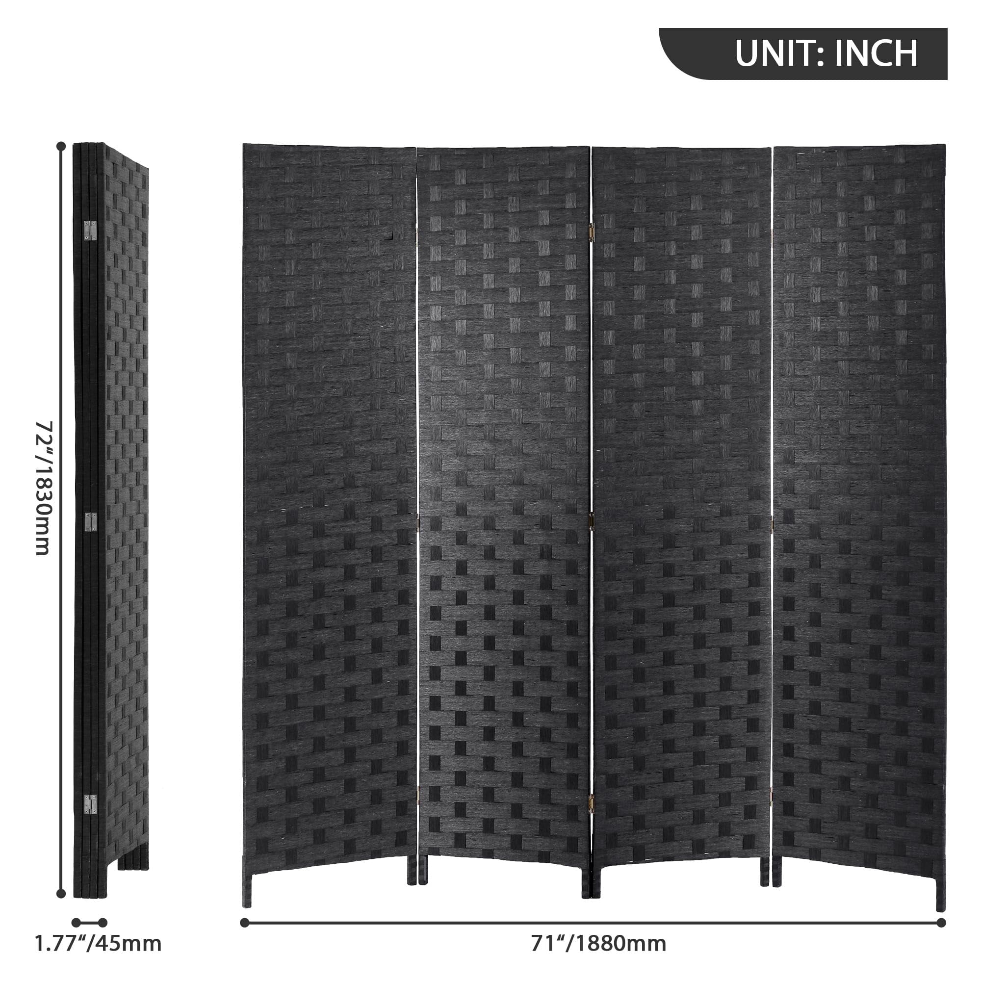 CL.HPAHKL Room Separators Divider Wall, 4 Panel Room Divider 6 ft Folding Screen with Double Hinged Panels Mesh Hand-Woven Design Room Partitions and Dividers for Home Office Bedroom, Balck