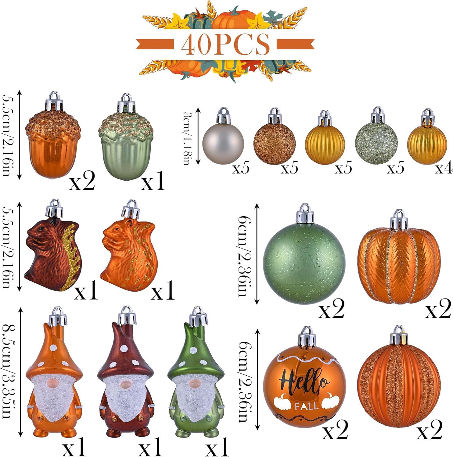 Autumn Christmas Tree Ornaments Set Hello Fall with Acorns Squirrels Pumpkins