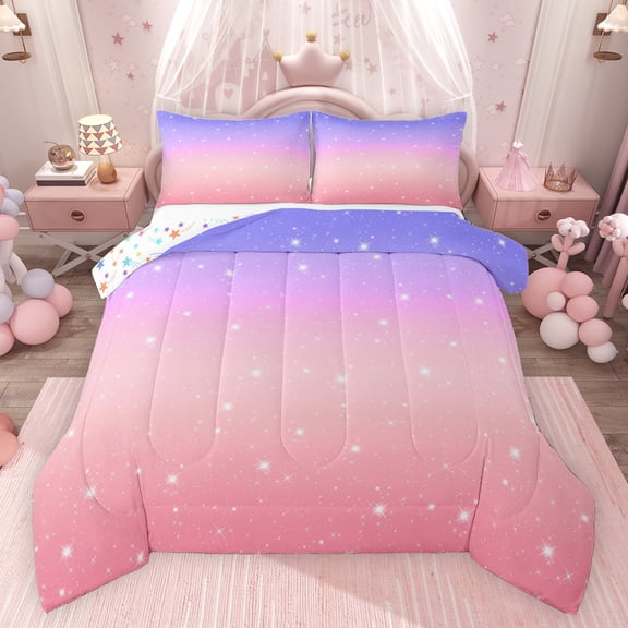 Castle Fairy Starry Sky Bedding Comforter Set 2pcs for Boys Girls,Dreamy Princess Twin Comforter Sets Microfiber,Gradient Pink Purple Breathable Bedding Set,Luxury Bedroom Decor,Reversible