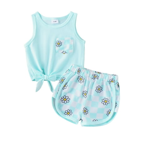 

Okbabeha woshilaocai Toddler Baby Girl Summer Clothes Sleeveless Knot Hem Tank Crop Tops Floral Shorts Set Cute Infant Outfits