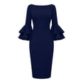thumbnail image 5 of Karymi Sundresses for Women Elegant Solid Midi Sheath Dress, Crew Neck Tiered Bell 3/4 Sleeve Slim Fitting Knee Length Formal Party Wedding Guest Dress, 5 of 5
