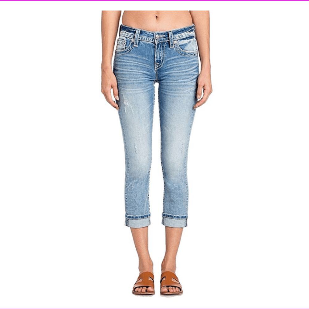 Miss Me Women's Pink Flower Embellished Single Cuffed Capri Jeans, Light  Blue,26 - Walmart.com