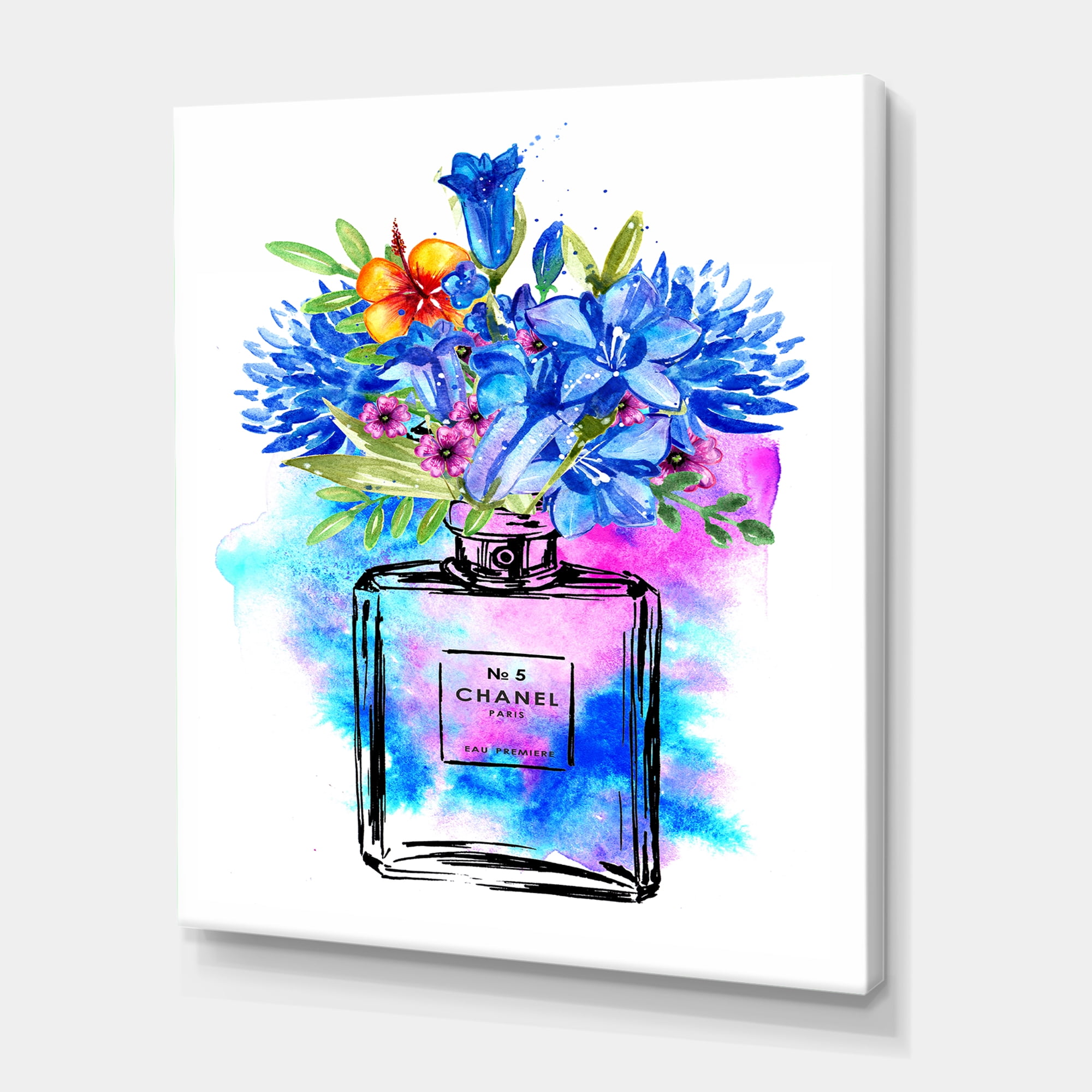 Designart ' Perfume Chanel Five With Blue Flowers ' French Country Canvas  Wall Art Print