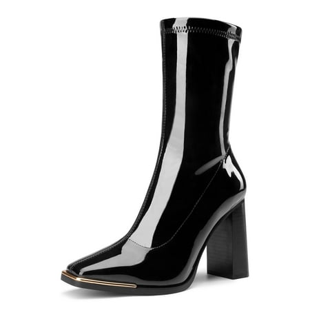 

Women High Block Chunky Heel Square Toe Side Zipper Fashion Mid Calf Boots