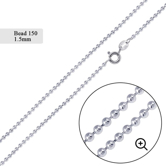 Sterling Silver 925 High Polished Ball Bead 150 Chain 1.5mm Made in Italy 16" Jewelry Female Unisex