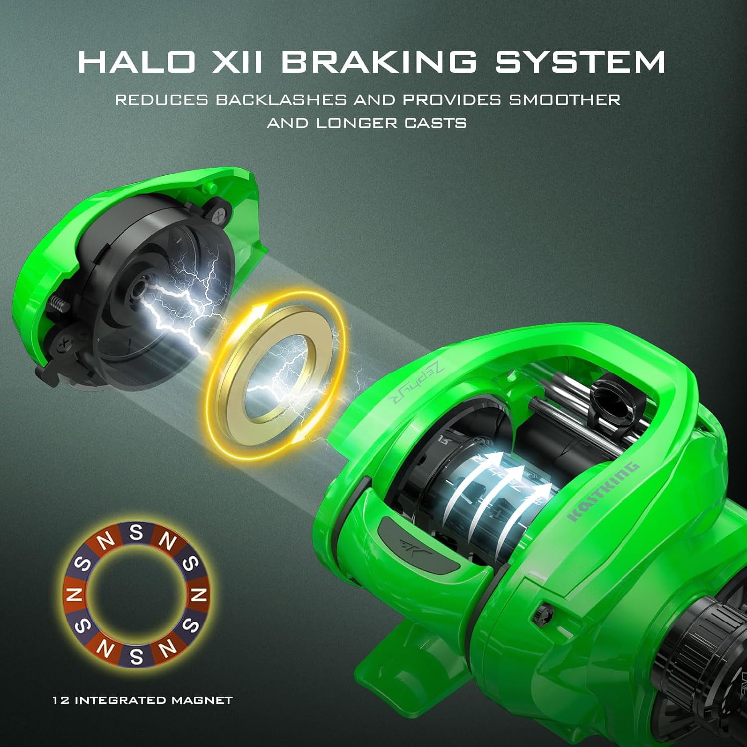KastKing Left Baitcasting Fishing Reel, Halo XII Magnetic Braking System, 7+1Stainless Steel BB, 7.2:1-Green
