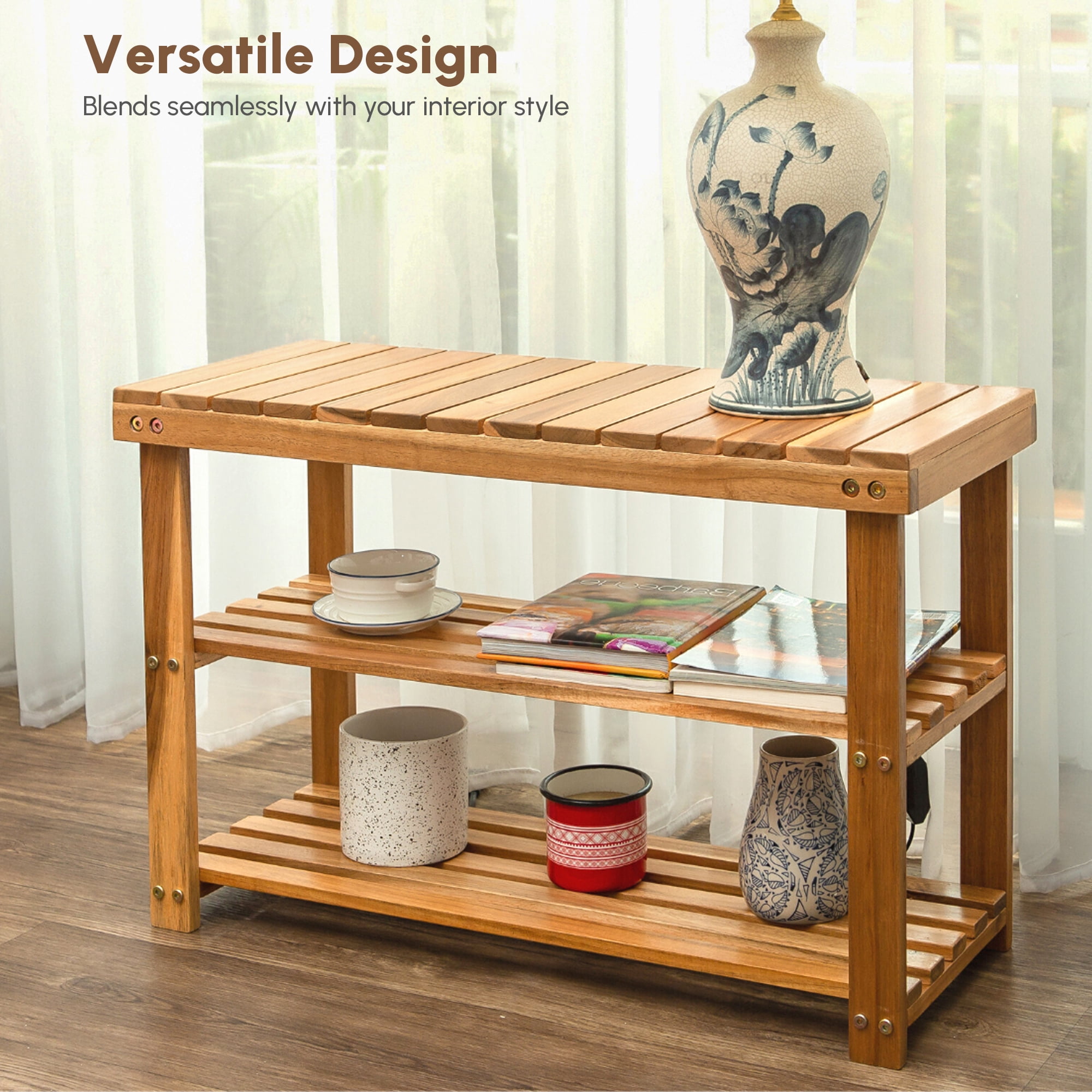 Yoneston Solid Wood Shoes Rack Bench, 3-Tier Storage Rack Organizer for Entryway Bathroom and Hallway, Natural Brown