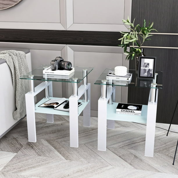 Triple Tree Indoor Modern Storage Tempered Glass Square End Table White Set of 2 Walmart Business Supplies