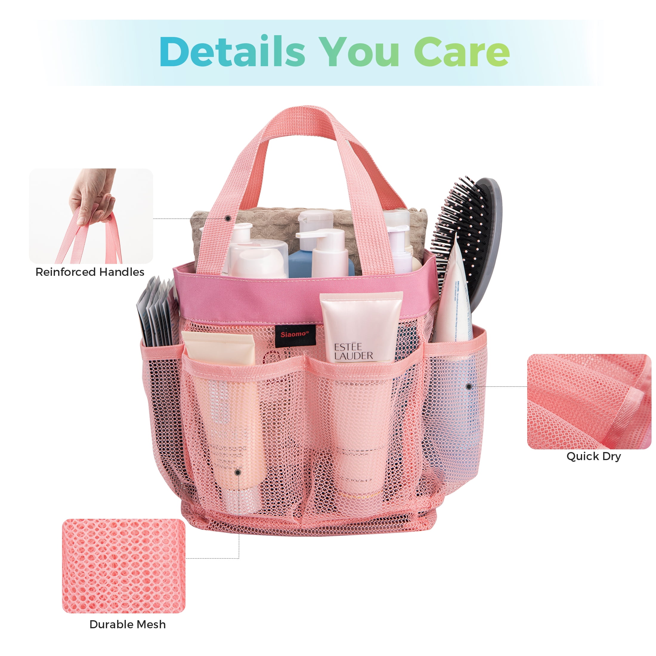 Siaomo Mesh Shower Caddy,Tote Bag for College Dorm,Bathroom,8 Pocket Basket,Quick Dry - Pink