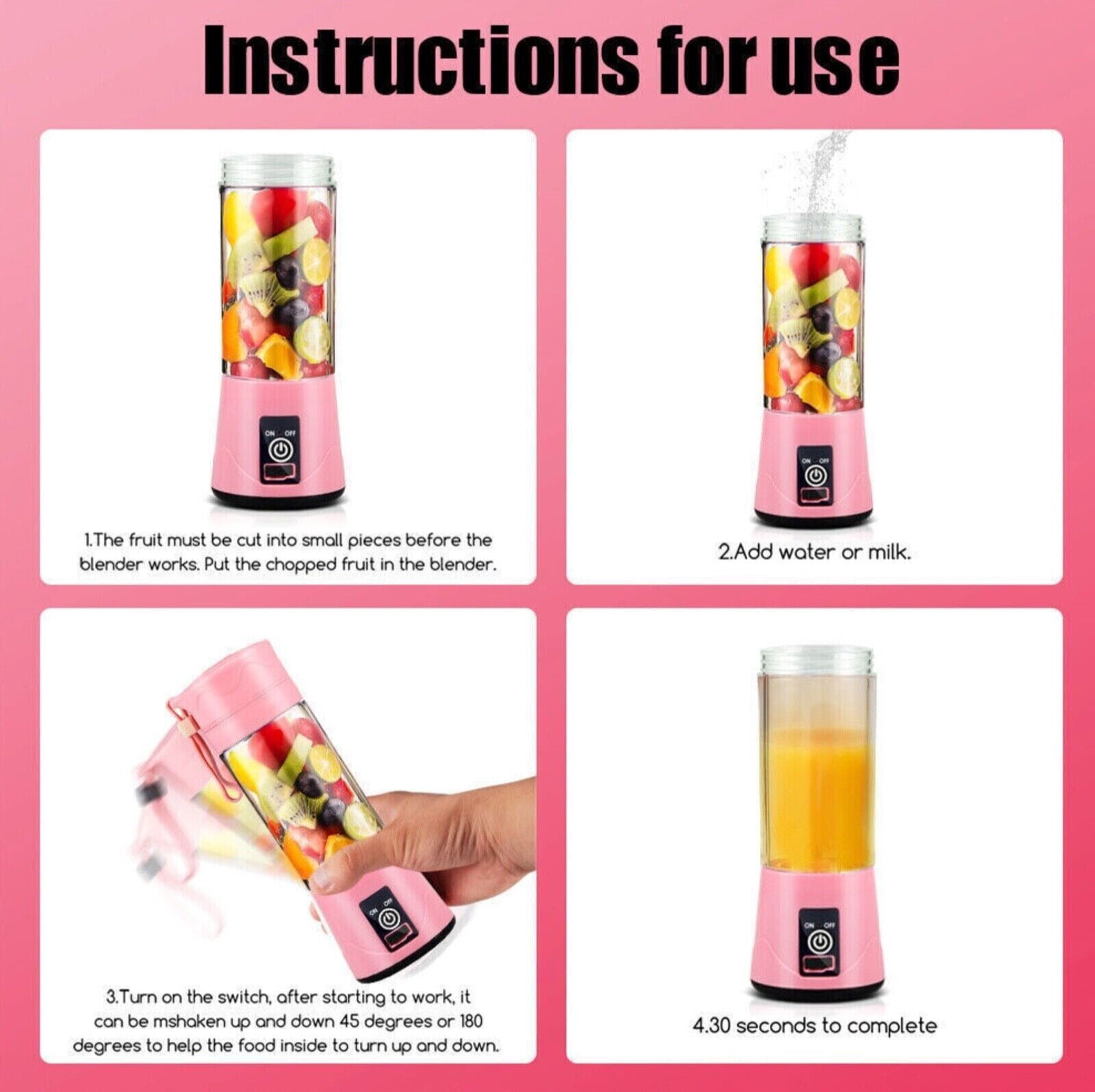 Hinzonek Portable Mini Juicer Cup, Personal Blender 6 Blades Mixer Fruit Machine for Smoothies Shakes, Pink, 380ml