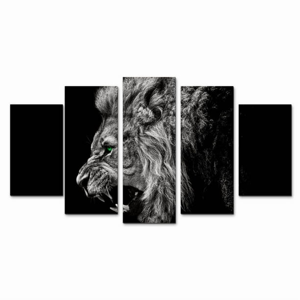 Cuadro Decorativo León Minimalista Ojos Verdes Juego De 5 Piezas 150x80cm Ideal Para Sala Oficina Decoración Moderna