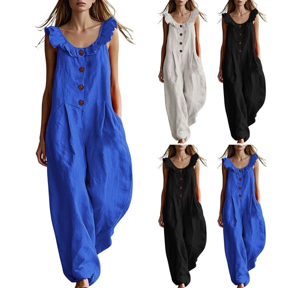 Edvintorg Jumpsuits for Women Summer Sleeveless Casual Dressy Wide Leg Rompers Jumpers with Pockets Plus Size Fashion Travel Clothes