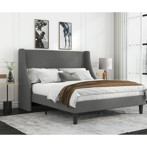 Allewie Queen Size Fabric Upholstered Platform Bed Frame with Wingback Headboard, Light Grey