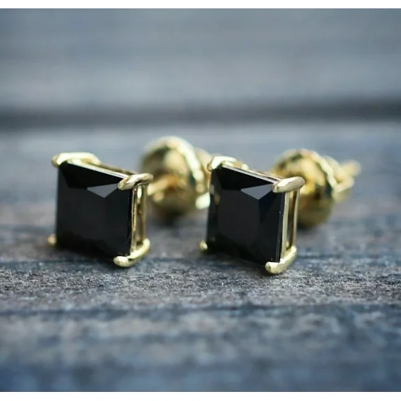 2Ct Princess Cut Lab-Created Black Diamond Women's Men's Stud Earrings 14K Yellow Gold Plated